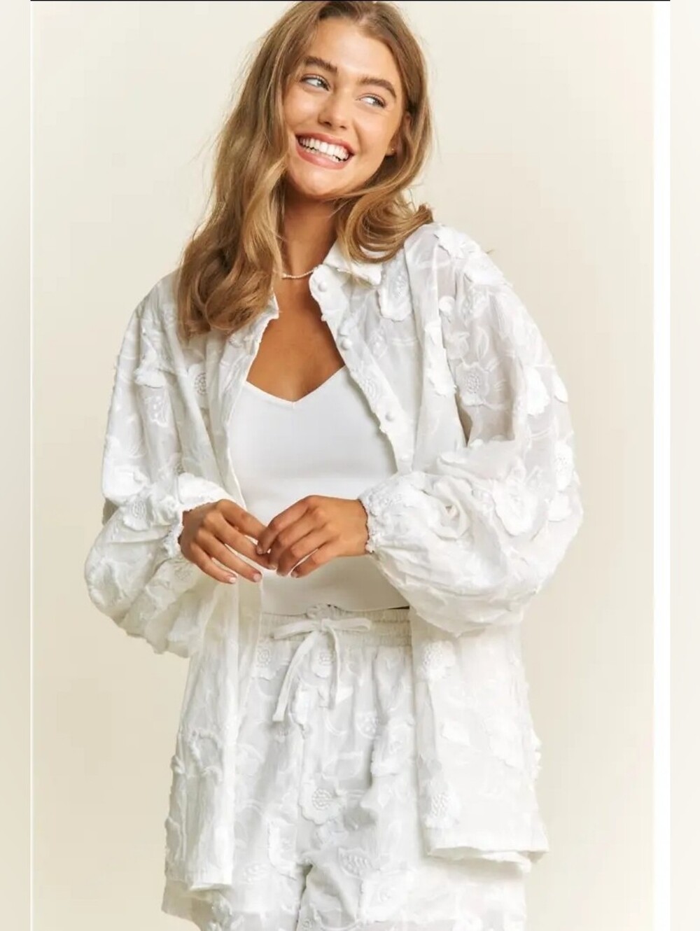 White Floral Embroidered Button-Up Shirt